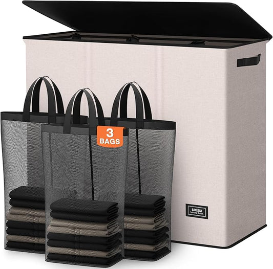 SOLEDI Large Laundry hamper 3 Section with Laundry Bag, XL Clothes Basket | 3-Section Large capacity Laundry Sorter with Odor-Blocking Lid, Robust Iron Frame & Waterproof 600D Fabric, 3 Washable Bags