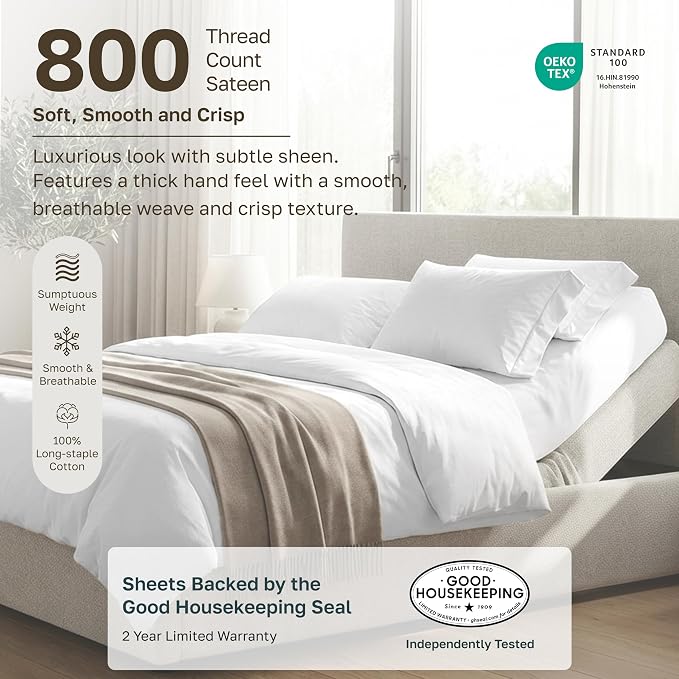 California Design Den Luxury 800 Thread Count Split King Bed Sheets, 5 Pcs | 100% Cotton Sateen, Good Housekeeping Seal, Split King Sheets Sets for Adj. Bed with 2 Sep. Twin-XL Mattresses - Dusty Blue
