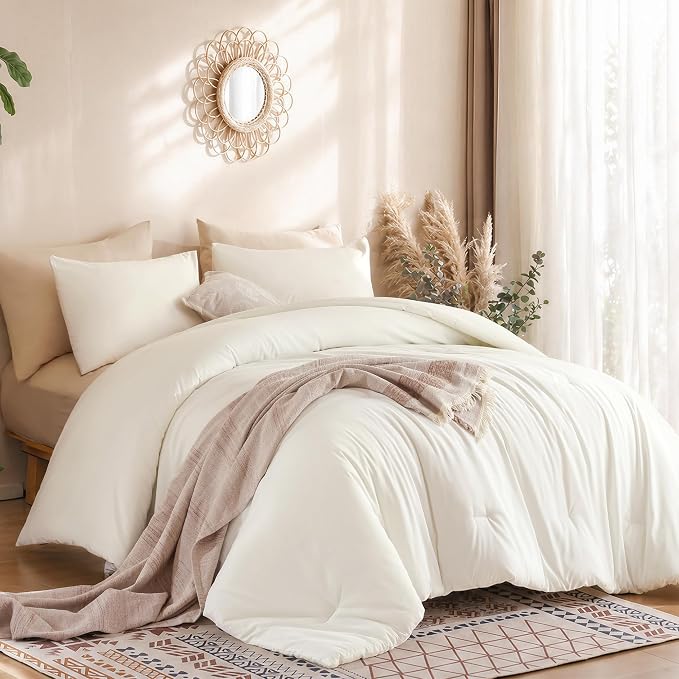weigelia Cream Comforter Set Queen Size, All Season Lightweight Bedding Set | Soft Microfiber Queen Comforter Set, Machine Washable, Solid Color Bed Set (1 Comforter, 2 Pillowcase)