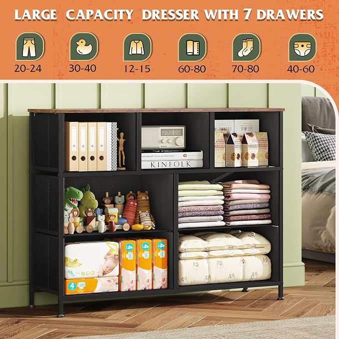 WLIVE Dresser for Bedroom, 7 Drawers, TV Stand, Pattern | 7 roomy fabric drawers, Fits TVs up to 45 inch, Bedroom or living room, Wide storage design, Chest of drawers