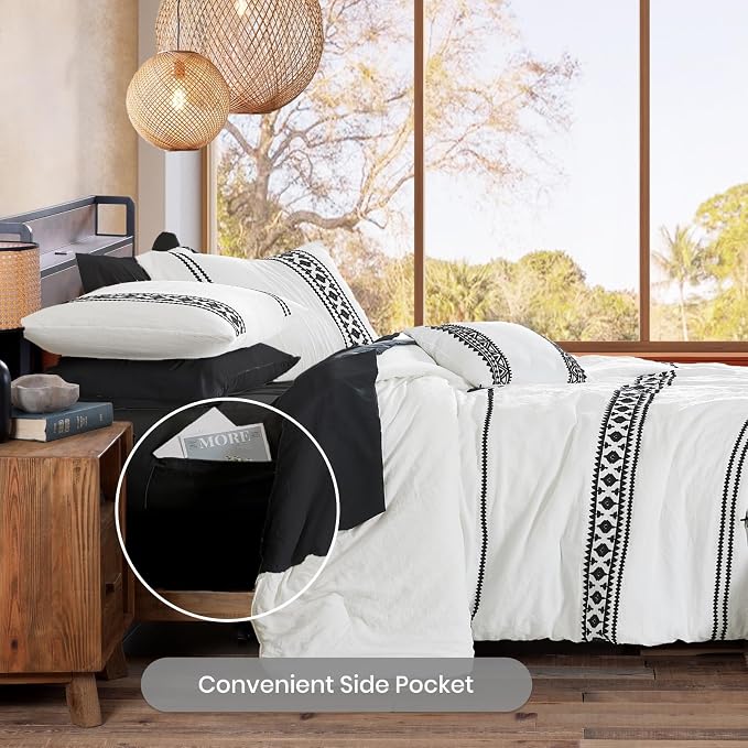 MaiRêve Embroidery King Size Comforter Set 7 Pieces White Bed in a Bag | Western Farmhouse Boho Bedding Sets with Comforter, Sheets, Pillowcases & Shams