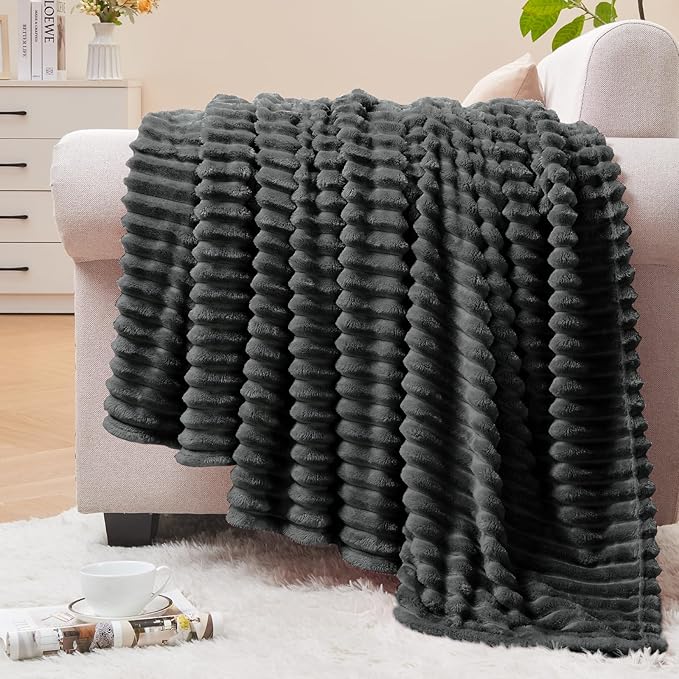 BEDELITE 3D Ribbed Charcoal Grey Fleece Twin Blanket for Couch, 60x80 Inch | Soft Warm Fluffy Blanket for Bed Sofa College Dorm Room Decor, Luxury Cozy Plush Birthday Gifts for Women Girls, Lightweight