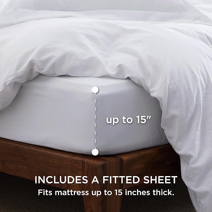Bedsure Prewashed Duvet Cover Full with Fitted Sheet, 4Pcs, Bright White | 4-Piece Set, 15-Inch Deep Pocket, Ultra Soft, Relaxed Texture, Breathable, Zipper Closure, 8 Corner Ties, Easy Care