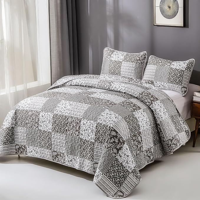 Mybedsoul Grey Boho Quilt King Size, Patchwork Floral Bedding Set | Soft Lightweight Microfiber Coverlet Set, 3 Pieces Plaid Reversible Bedspread, Bed Sets for All Seasons 90"x110"