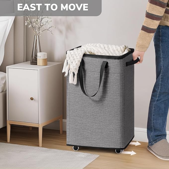 Goodpick 75L Laundry Basket with Wheels & Removable Wash Bag for Dorm | Rolling Laundry Hamper with Handle for Dirty Clothes, Fodable Hamper for College Dorm, Laundry Hamper on Wheels, Light Grey