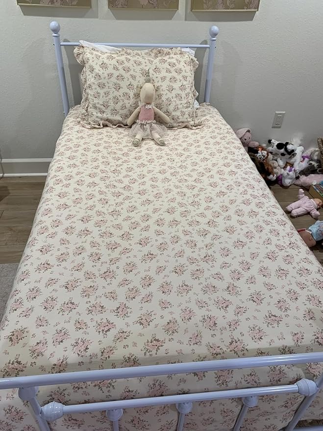 Girls Toddler Kids Duvet Cover Pink Floral Chic Duvet Covers with Ruffles Muslin Cotton Soft Comforter Cover, 47"x59", Soft Lightweight, Machine Wash, No Pillowcases/Comforter