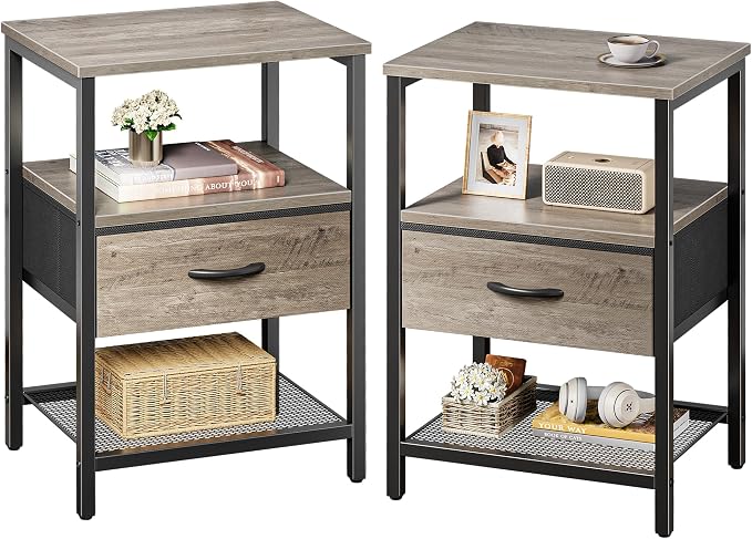 Huuger Nightstand Set of 2, Night Stand with Fabric Drawer, Mesh Shelf | Side Table with Storage, Fabric Drawer Dresser, Open Shelf, Metal Frame, Bedroom, Oak