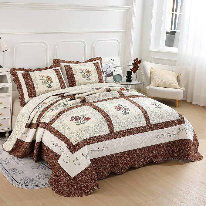 vctops 2 Piece Embroidered Floral Quilted Bedspread Quilt Set 100% Cotton Reversible Patchwork Coverlet Set 1 Quilt and 1 Pillow Sham (Coffee,Twin)