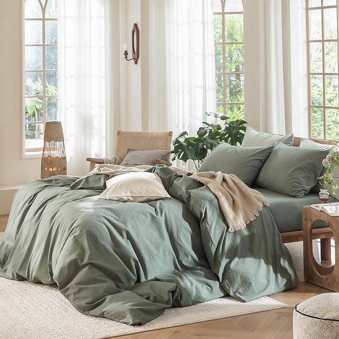 MooMee Duvet Cover Set 100% Washed Cotton Linen Like Cal King | Relaxed Linen-like Texture. Soft, Breathable & Long-lasting Comfort. Lightweight. Hidden Zipper with 8 Interior Corner Ties
