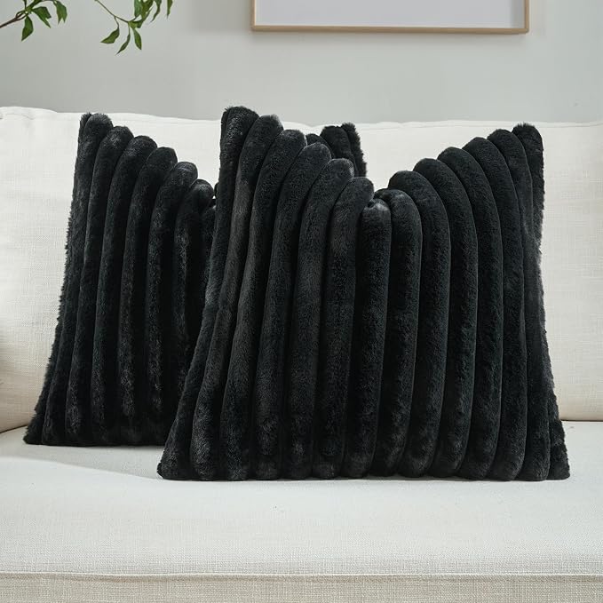 FUTEI Pack of 2 Faux Fur Throw Pillow Covers 20x20 Inch, Black | Fluffy Faux Rabbit Fur Front/Premium Velvet Back,Hidden Zipper,Machine Washable,Non-Shedding,Colorfast,Insert Not Included.