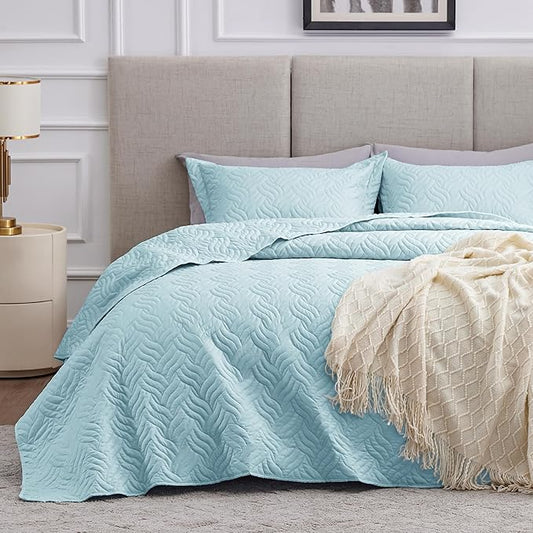 Love's cabin Twin Quilt Set Light Blue Bedspreads - Soft Bed Summer Lightweight Bedspread Comforter - Modern Style Wave Pattern Coverlet for All Season - 2 Pieces (1 Quilt, 1 Pillow Sham)