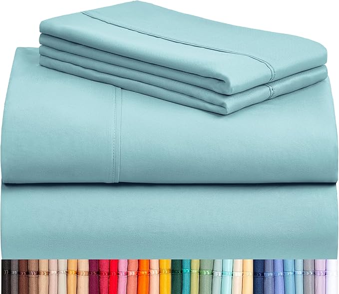 LuxClub King Size Sheets Set, Deep Pocket King Sheets Bed Sheets 4PC, Cooling Sheets King Sized Breathable, Soft Hotel Luxury Bedding Wrinkle Free, Silky Fitted Sheet & Pillowcase Sets, Aqua King | LuxClub Silky Fitted Sheet & Pillowcase Sets, Breathab...