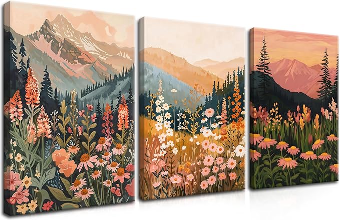 Framed Wildflower Mountain Landscape Wall Art Set of 3, Colorful Floral Wall Decor, Boho Sunset Landscape Canvas Artwork, Earth Tone Botanical Poster Prints for Living Room Bedroom 12x16 Inch