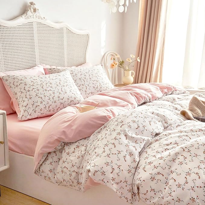 Wake In Cloud - Floral Duvet Cover Set, Coquette Cottagecore Aesthetic Cute Flower Pattern for Women Teen Girls, Soft Lightweight Bedding, 3-Piece, Pink, Full Size