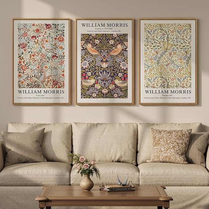 Large Framed William Morris Strawberry Thief Canvas Wall Art, Set of 3 | Fine art, Vintage, Rustic botanical, Floral art prints, 30x60 inch, Living room, Bedroom, Hallway, Office decor