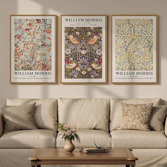Large Framed William Morris Strawberry Thief Canvas Wall Art, Set of 3 | Fine art, Vintage, Rustic botanical, Floral art prints, 30x60 inch, Living room, Bedroom, Hallway, Office decor