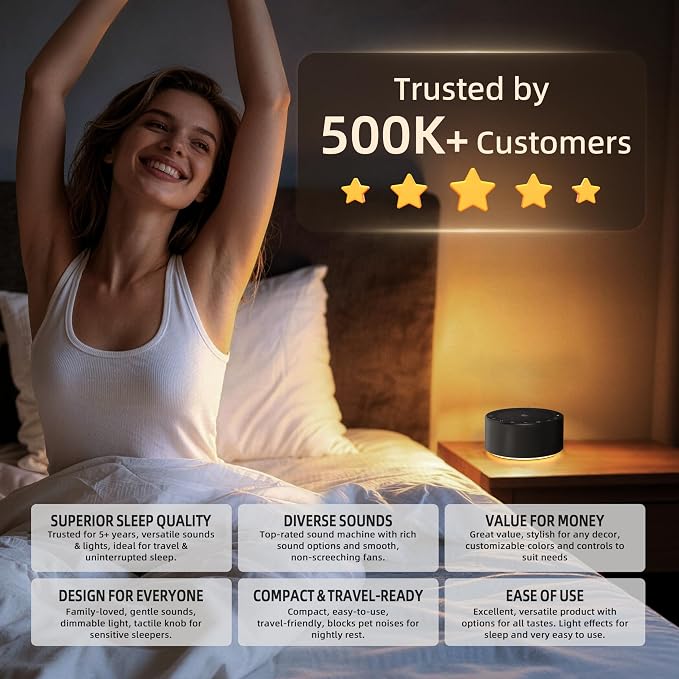 Kipcush White Noise Machine for Baby & Adults, 30 Soothing Sounds, Soft Non-Glare Nursery Lamp, 8 Color Night Lights, Memory Function (Angel V2 Black, Standard)