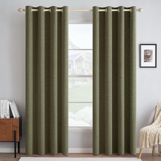 MIULEE 100% Blackout Linen Curtains for Bedroom 52x72 Light Olive Green | Room Darkening, Light Blocking, Thermal Insulated, Grommet Top, Linen Textured, Window Curtains for Living Room, 2 Panels