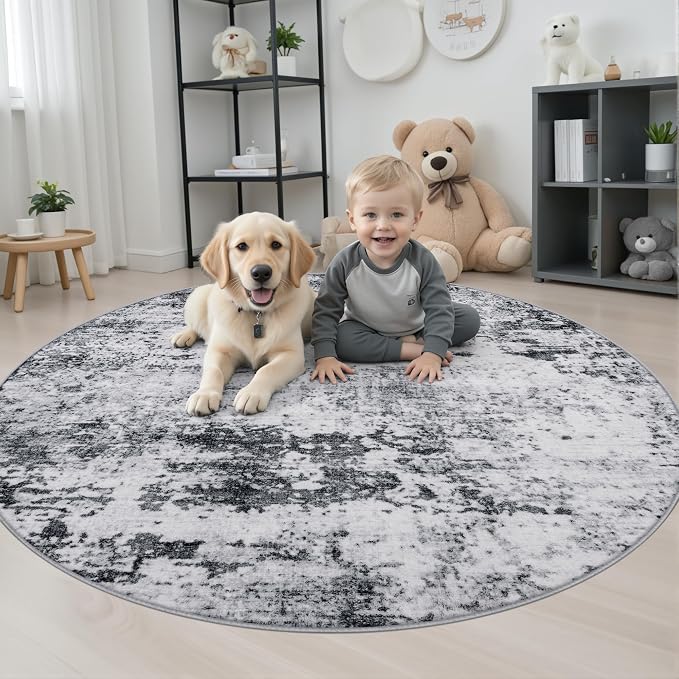 Round Area Rug Living Room: 5 ft Modern Washable Carpet Grey | For Bedroom Dining Room Farmhouse Nursery Hallway Office,Modern Abstract,Machine washable,Non-Slip,Stain Resistant,Indoor