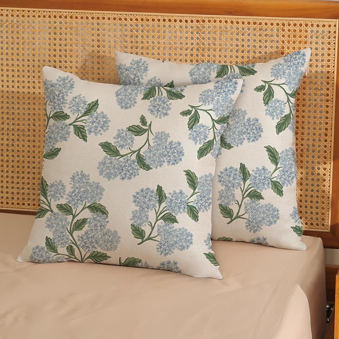 Spring Pillow Covers 20x20 Inch 2 Pcs Navy Blue Sage Green Hydrangea Flower Decor Throw Pillows Vintage Floral Seasonal Summer Outdoor Decoration Pillowcase Linen Cushion Cover for Couch Sofa