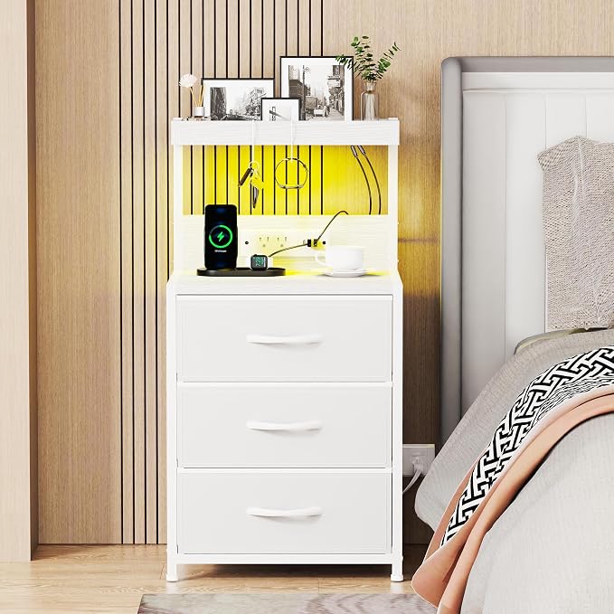 LED Night Stand with Charging Station Set of 2, 3 Fabric Drawer, White | Nightstand Bedside Table with USB Ports and Outlets, End Side Table Night Stand for Bedroom with Storage Shelf and Hooks