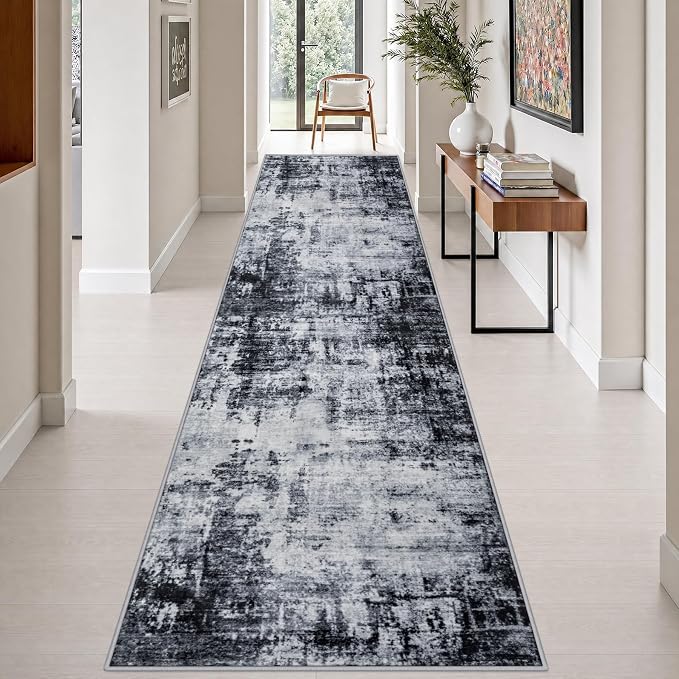 3x14 Washable Runner Rug：Modern Abstract Soft Carpet Dark Black | For Hallway, Bedroom, Kitchen, Laundry, Bathroom,Door Mat,Modern Abstract,Machine washable,Non-Slip,Stain Resistant,Indoor