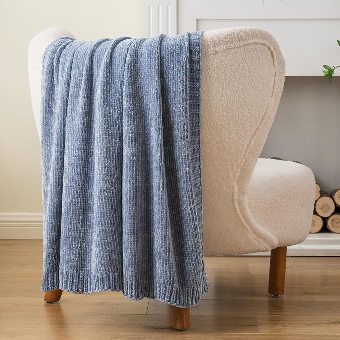 BATTILO HOME Blue Grey Chenille Throw Blanket for Couch, 51"x67" | Shiny Chenille Blanket, Blue Knit throw Blanket, Soft & Breathable, Summer Throw for Couch, Bed & Sofa