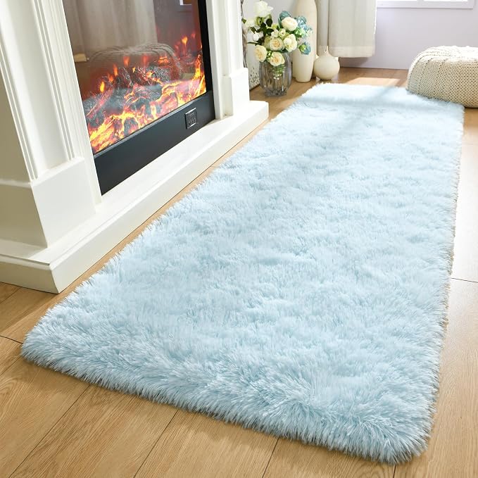 Soft Fluffy Rugs for Bedroom Living Room, 2x6 Hallway Runner Rugs, Furry Shag Bedside Area Rug Indoor Accent Floor Carpet, Plush Fuzzy Rug for Dorm Nursery Kids Room Decor, Baby Blue
