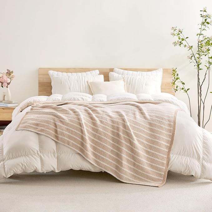 Snuggle Sac Ultra Soft Beige Throw Blanket for Couch, Reversible Cozy Knitted Ribbed Blanket for Sofa, Bed, Home Decor 50"x60"