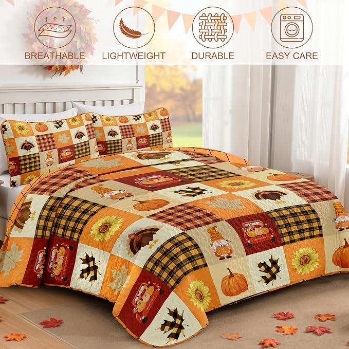 Fall Patchwork Quilt Set Queen Size 3 Piece Thanksgiving Bedding Set Orange | Sunflower Maple Leaves Pumpkin Pattern Bedspread Coverlet, Soft Microfiber Cozy Farmhouse Autumn Bedding Decor (96"x90")