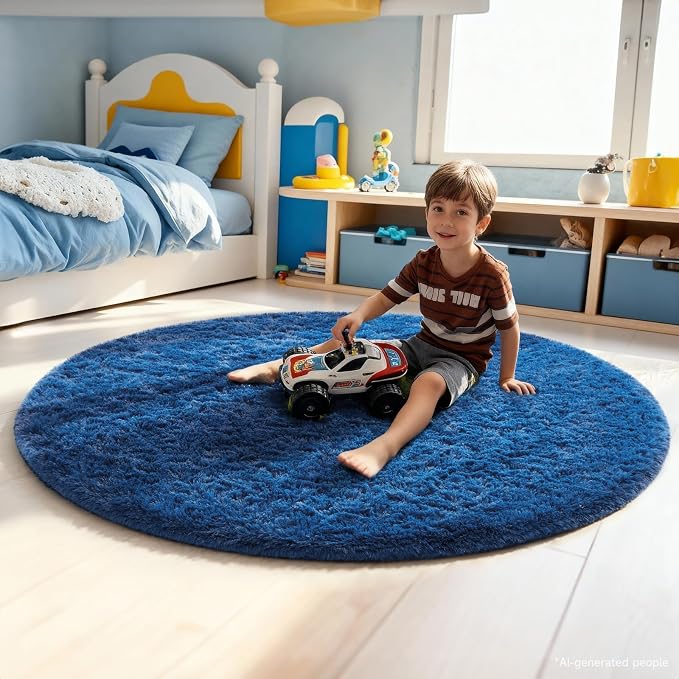 Ophanie Round Rug 5Ft Blue Circle Area Rug, Boys Room Decor, Fluffy Fuzzy Bedroom Carpet, Plush Soft Shaggy Living Room Rugs for Home Aesthetic with Over 99 pcs Pile fibers