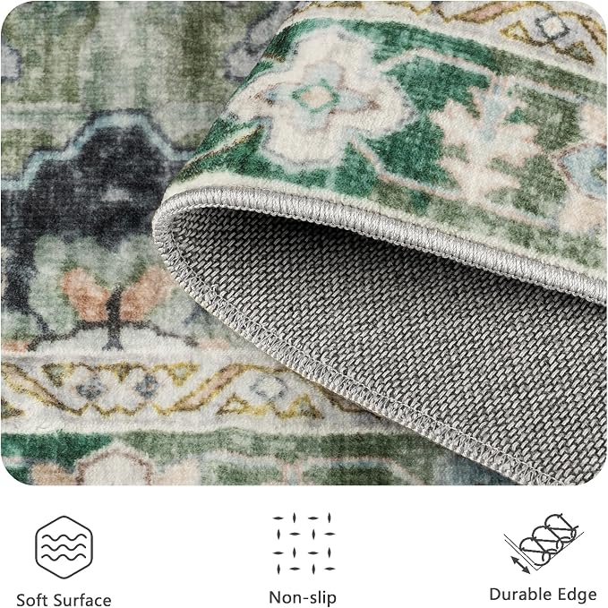 8x10 Area Rugs, Vintage Retro Soft Washable Rug, Non-Slip Low Pile Rugs for Living Room, Bedroom, Dining Room, Stain Resistant Home Decor Rug (Green)