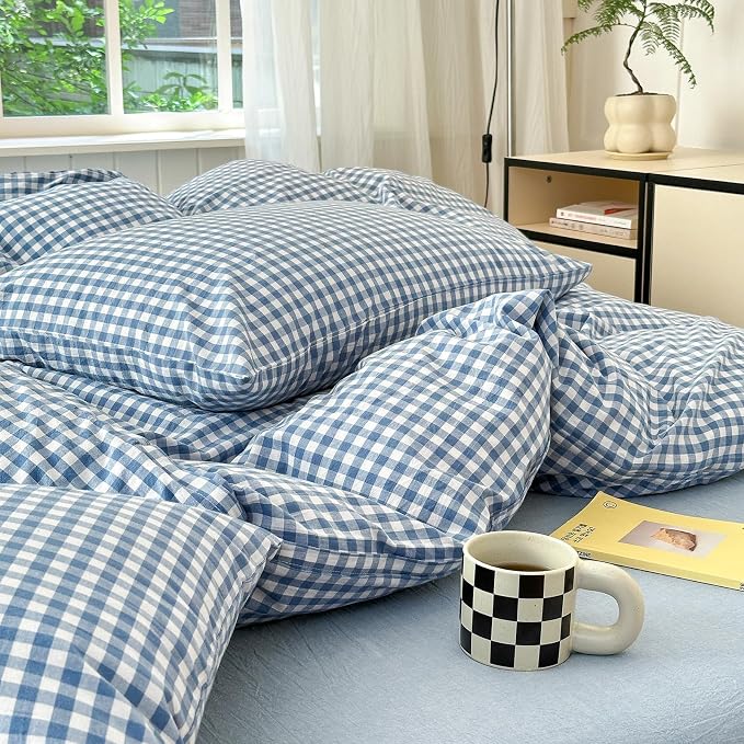 LifeTB Twin XL Comforter Set Blue Gingham Comforter with 2 Pillowcases Modern Plaid Grid Pattern Comforter Set for Men Boys Fluffy Soft Lightweight Bedding Boho Plaid Checkered Comforter Twin XL