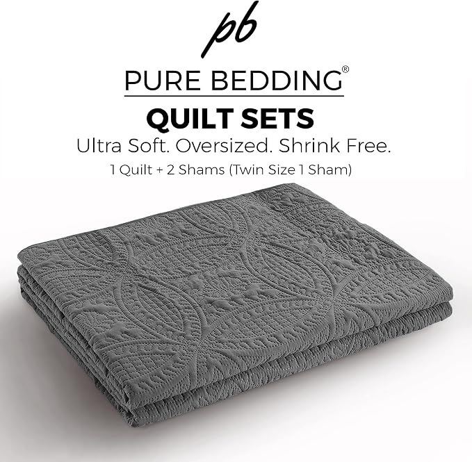 Pure Bedding Quilt Set Full/Queen Size Dark Grey - Oversized Bedspread - Soft Microfiber Lightweight Coverlet for All Season - 3 Piece Includes 1 Quilt and 2 Shams, Geometric Pattern