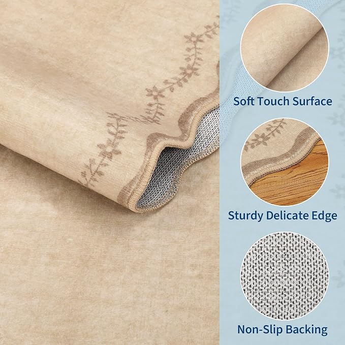 GarveeHome 5x7 Scalloped Area Rug Jute Washable Bedroom Living Room Rug | Soft Tan Neutral Floral Low Pile Non Slip Accent Floor Mat Solid Print Throw Rug Indoor Carpet for Dining Room Dorm Playroom