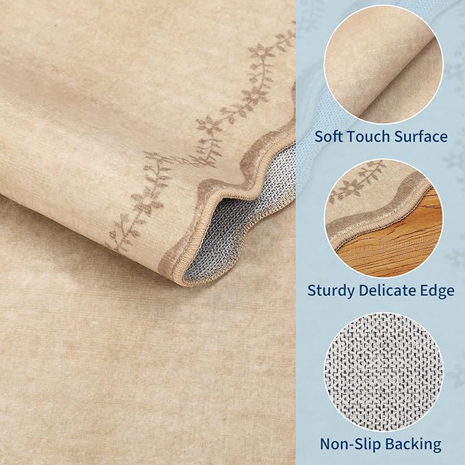 GarveeHome 2.5x10 Scalloped Washable Runner Rug Long Hallway Kitchen Rug | Soft Brown Hall Runner Non Slip Entryway Rug Farmhouse Thin Laundry Mat Stain Resistant Carpet for Bathroom Beside Rug