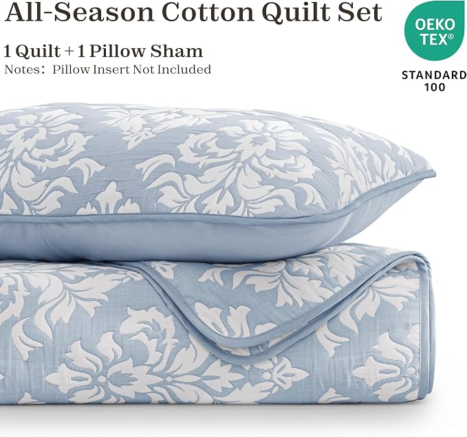 Exclusivo Mezcla Cotton Quilts Twin Size Blue | Soft Lightweight Bedspread, Breathable Prewashed Yarn Dyed Muslin, All Season Bedding Set, Boho Coverlet With 1 Pillow Sham