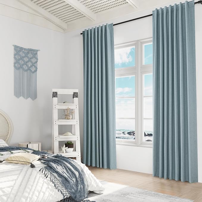 Blue 100% Blackout Linen Curtains 108 Inch Length 2 Panels Set for Living Room Bedroom Back Tab Thermal Insulated Black Out Drapes Room Darkening Farmhouse Style for Bedroom Window Curtains
