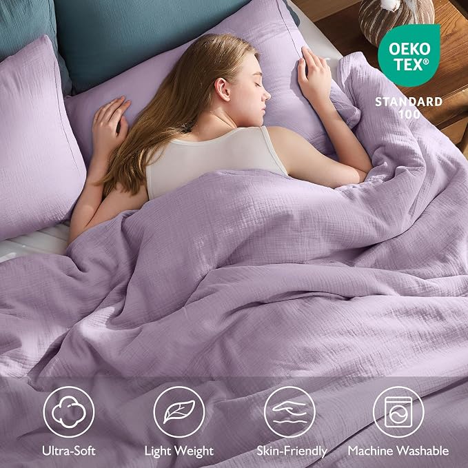EMME Muslin Cotton Duvet Cover Set Lavender Twin Size Linen Like Soft Breathable Lightweight Summer Comforter Cover Set with Zipper Closure (Lavender, Twin, 68"x90")