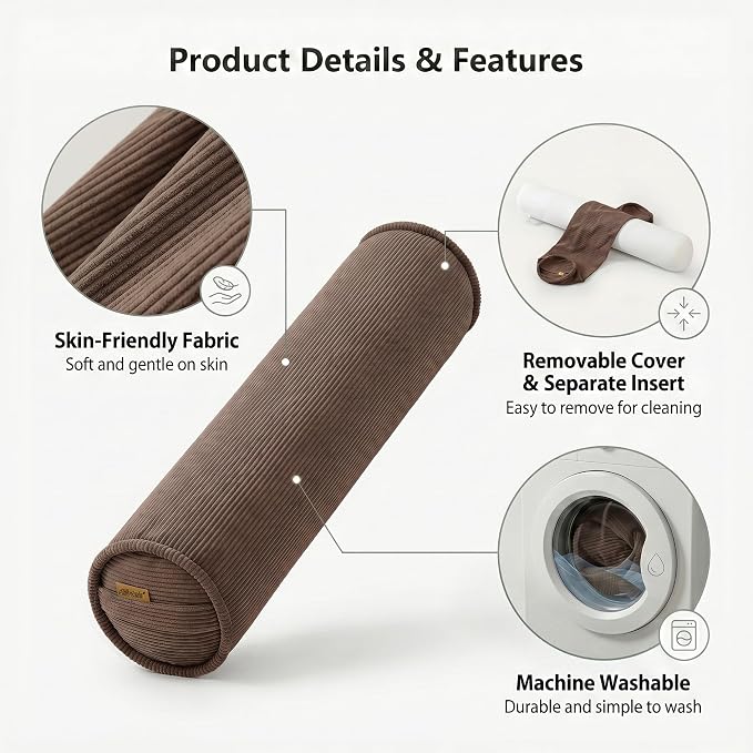 Corduroy Body Pillow for Side Sleepers, Full Body Support Cylinder Bolster Pillow for Adults, Cozy Hugging Pillow for Relaxing Sleep, 59 x 7.87 Inches, Chocolate
