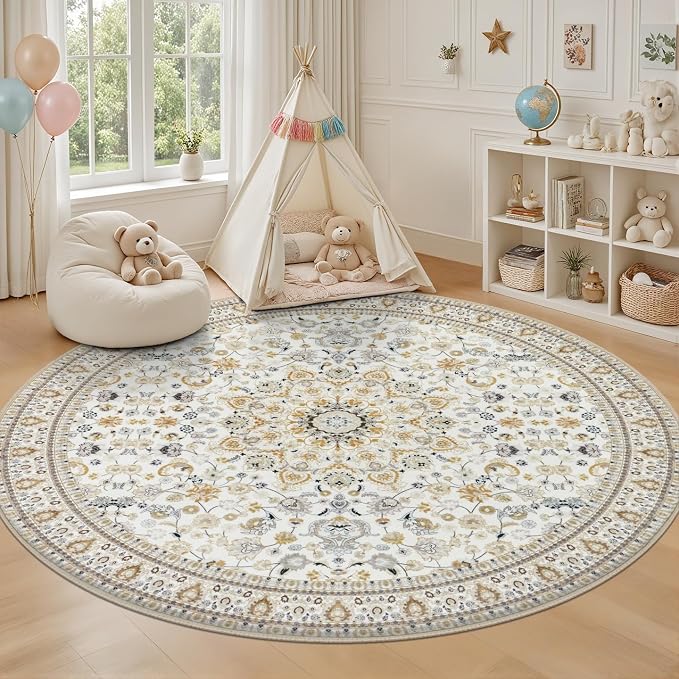 Round Area Rug for Living Room: 8ft Washable Rug for Bedroom Beige | Vintage Boho Soft Round Rug Indoor Floor No Slip Carpet Stain Resistant Rugs for Bedroom Dining Room Nursery Home Office