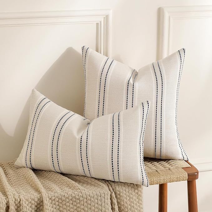 Hckot Stripe Throw Pillow Covers 12x24 Lumbar Navy Blue Pillow Covers | Farmhouse Decorative Pillows Textured Cushion Covers for Sofa Couch Bed Living Room Decor
