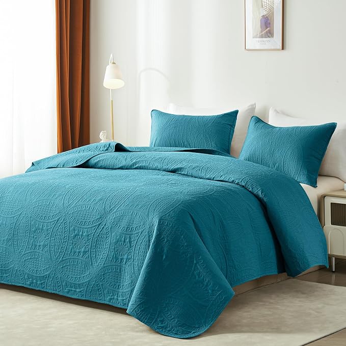 akkialla Teal Twin Quilt Set, Ultrasonic Lightweight Bedspread Coverlet for Modern Minimalist Bedroom, Soft Microfiber Coin Pattern Bedding, 2-Piece (1 Quilt, 1 Pillow Sham) | Breathable fabric