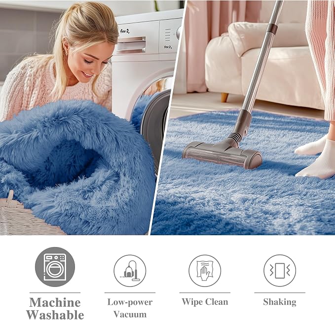 OLANLY Blue Round Rugs for Bedroom - Machine Washable, 6 ft Circle Area Rugs for Living Room, Soft and Fluffy Shaggy Carpet for Teen Girl and Boys, Nursery Rooms, Dorms, Home Decor Aesthetic