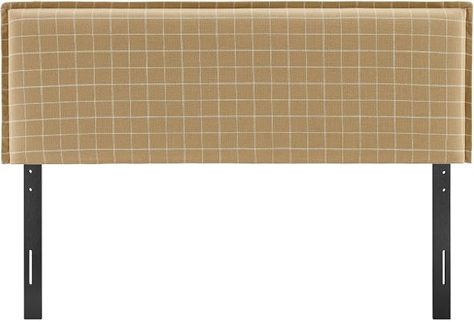 Modway Camille Queen Size Checkered Linen Blend Plaid Headboard with Removable Slipcover – in Hemp Windowpane Check - Padded Pillow Style Headboard with Adjustable Mounting for Queen Beds