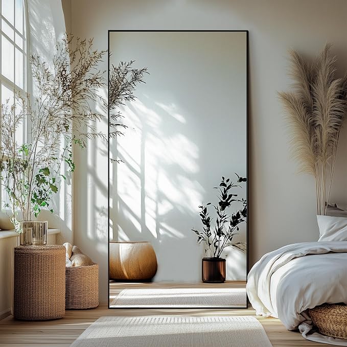 Full Length Mirror with Stand, 70x30 Black Floor Mirror | Aluminium alloy frame with HD float glass for distortion-free reflection. Free standing or wall mounted.