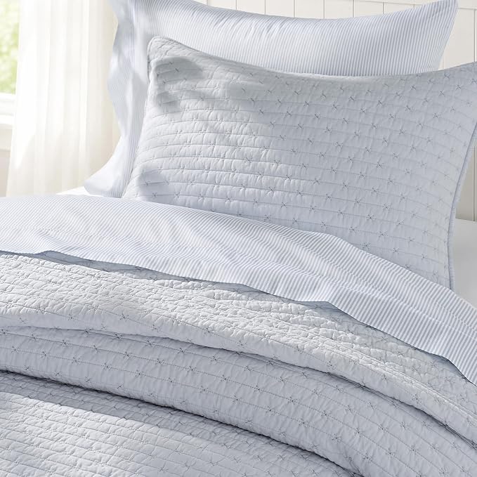 100% Cotton Cross Stitch Quilt Set, Twin, Powder Blue | 100% Cotton, Elegant Cross Stitch, Soft & Breathable, Prewashed Softness, Oversized Design, OEKO-TEX® Certified