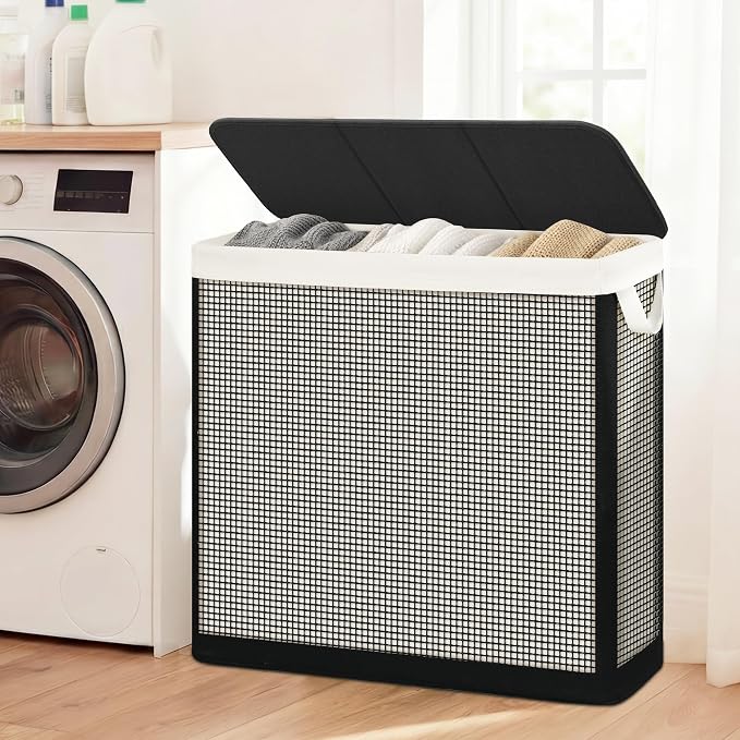 STO STO 3 Section Laundry Hamper with Lid, 180L Steel-Frame 3 Compartment Laundry Sorter with Removable Washable Liner, Breathable Large Laundry Basket for Bedroom, Bathroom, Laundry Room, Dorm