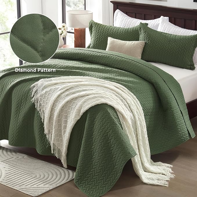 SunStyle Home King Quilt Bedding Set, Lightweight Summer Bedspreads,Green | Soft Coverlet With 2 Pillow Shams,Morden Style Quilts for All Season,Suitable for Bed,Couch, Bedroom,Guest Room,106"X96"