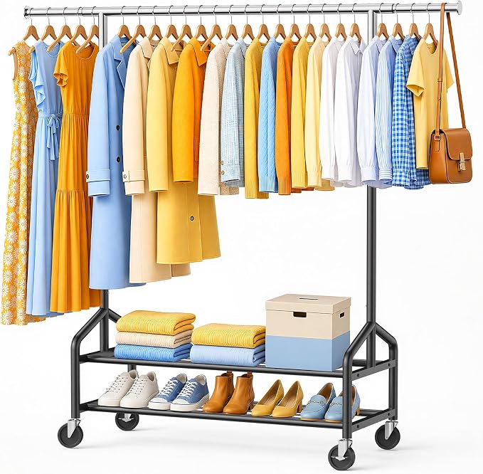 Heavy Duty Clothes Rack, Rolling Clothing Rack Load 650 LBS for Hanging Clothes with 2 Sturdy Shelves, Metal Garment Rack with Wheels for Bedroom, Laundry Room, Retail Store, Silver-Black